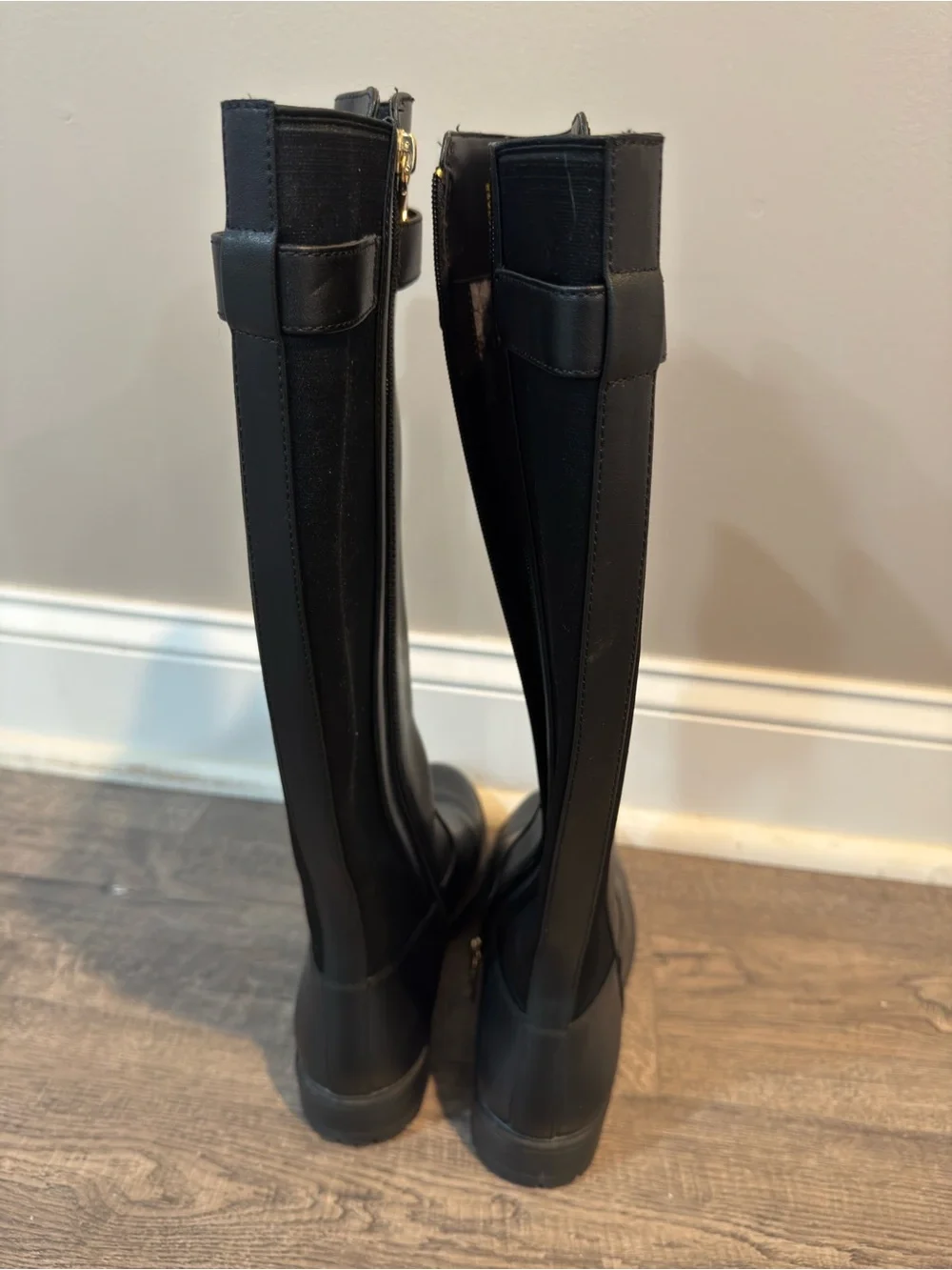 Coach Black Leather Knee-High Riding Boots with Gold Buckle